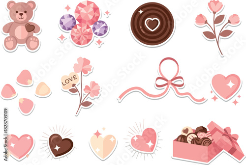 Valentine's Day Sticker Collection Hearts, Teddy Bear, Flowers, and Chocolates