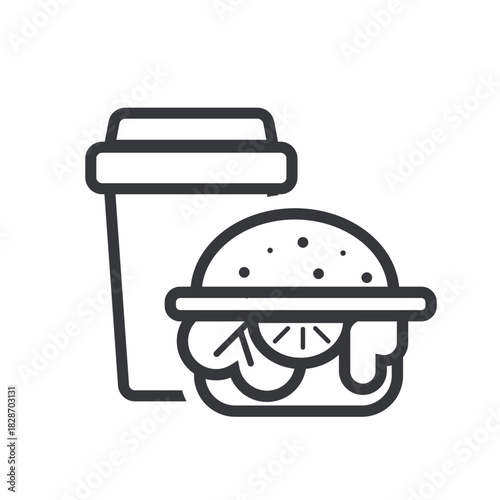 Isolated outline pictogram of burger and coffee paper cup, representing fast food, modern meals, and warning sign for no outside food allowed.
