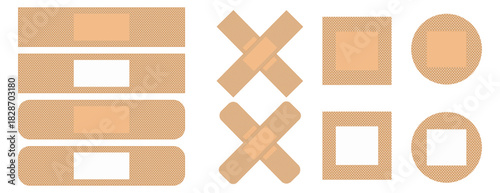 Medical patch, adhesive bandage. Set of elastic medical plasters in different shapes. Realistic first aid band plasters