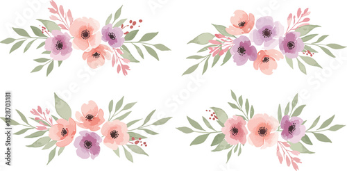 Soft watercolor floral arrangements with delicate petals and green leaves