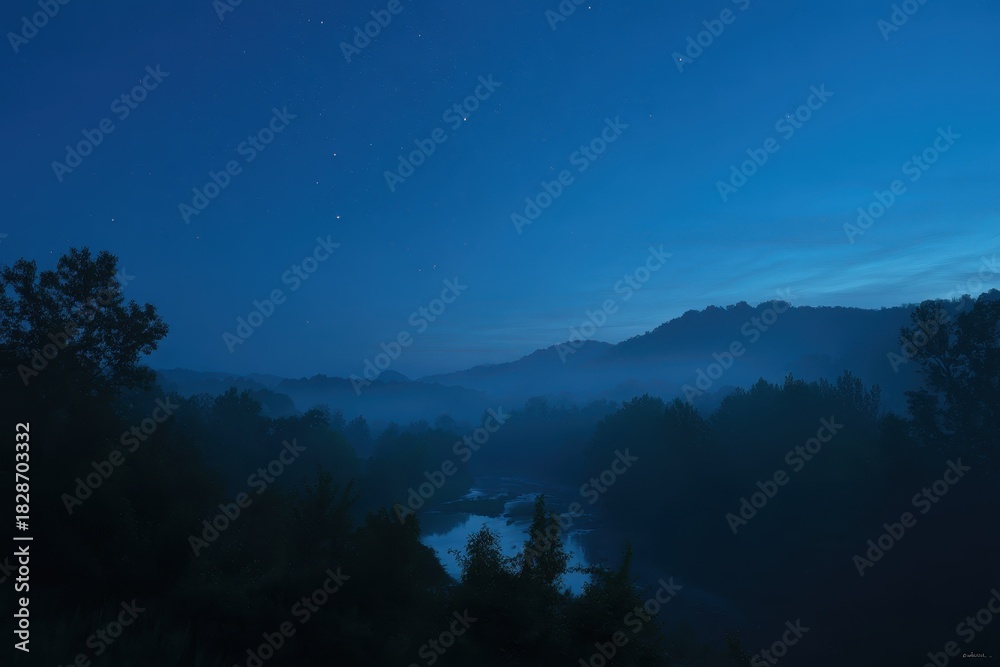 Naklejka premium Serene Nocturne: A captivating nightscape unfolds, revealing a tranquil mountain landscape shrouded in mist under a starlit sky.