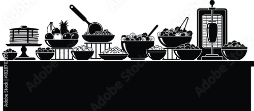 Buffet food table silhouette vector, catering service counter, breakfast pancakes, salad bar, shawarma grill, restaurant dining menu background illustration