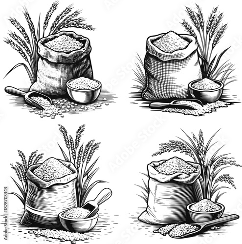 Vintage Wheat & Grain Illustration Set  Hand-Drawn Harvest Sketch, Rustic Farm Produce, Sacks & Organic Crop Etching Vector Collection