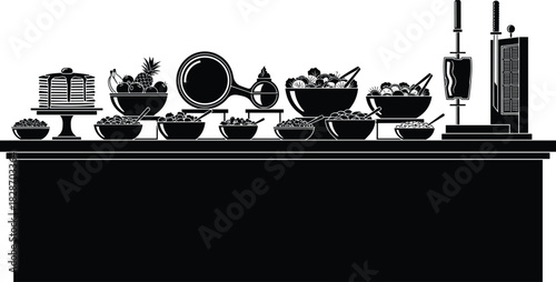 Buffet table silhouette, catering food service, restaurant breakfast counter, pancakes, salad, shawarma grill, black vector illustration, banquet culinary concept.