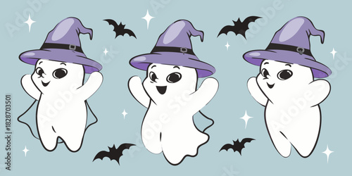 Cartoon halloween ghosts wearing purple witch hats and flying bats