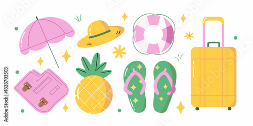Summer holiday vacation travel essentials vector illustration on white background