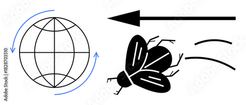 Motion concept. Icons showing global rotation and directional movement with fly and arrow, speed, dynamics, travel. Suitable for global mobility, transportation, motion design, logistics education