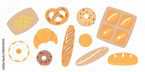 Hand drawn bakery pastries and breads illustration on white background