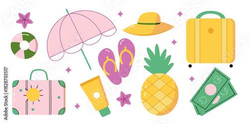 Summer vacation essentials colorful illustration of travel items and accessories