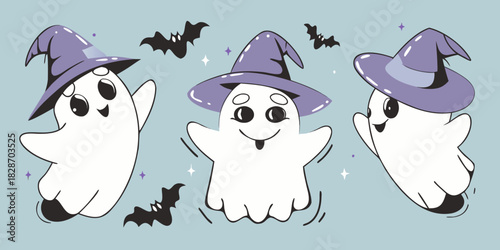 Cute halloween ghosts wearing witch hats and flying bats illustration