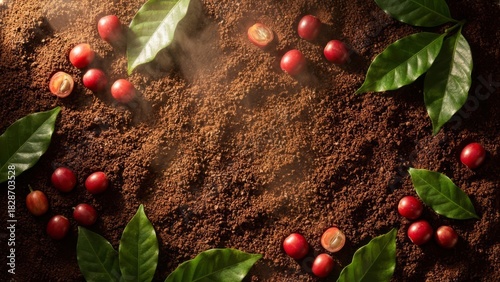 Close up of coffee beans, leaves, and ground coffee. copy space, coffee design background 