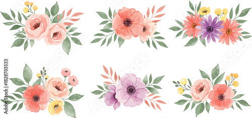 Collection of six delicate watercolor floral arrangements with green leaves