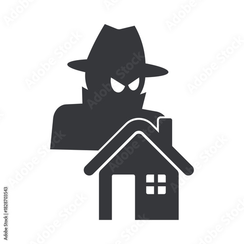 Isolated pictogram of a house with a mysterious hat-wearing intruder silhouette, symbolizing home burglary risk, security alert, crime warning, and theft prevention awareness.