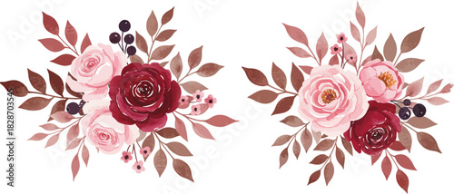 Elegant watercolor floral arrangements with burgundy and pink roses and autumn leaves
