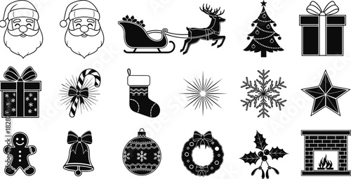 Christmas icon set, black and white silhouettes including Santa, tree, gift, reindeer, sleigh, snowflake, bell, gingerbread man, vector collection.