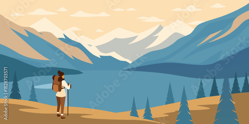 Hiker with backpack overlooking mountain lake landscape illustration