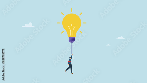 Smart businessman manager holding light bulb floating balloon flying high in the sky. Big idea to solve business problem, invention or innovation to drive business growth or work achievement.