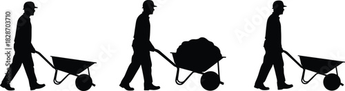 Construction worker silhouettes pushing a wheelbarrow, with and without load, vector for building and manual labor concepts.