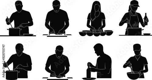 Cooking people silhouettes set, men and women chefs preparing food, chopping, stirring, whisking, isolated kitchen vector illustration collection, culinary concept.