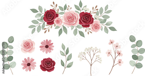 Collection of delicate watercolor floral arrangements and elements