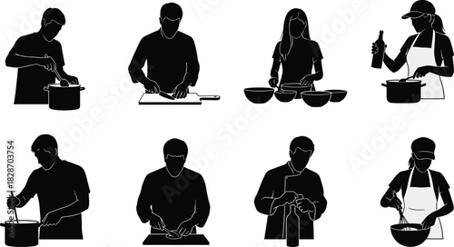 Cooking people silhouettes, chef preparing food, man chopping, woman stirring pot, kitchen staff vector illustration set.