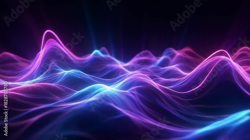 Abstract Digital Landscape of Glowing Neon Waves and Peaks in Purple and Blue Hues image