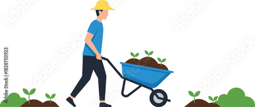 Young male farmer gardener planting seedlings carrying fertile soil in blue wheelbarrow for agriculture cultivation organic sustainable farming spring season growth work environment