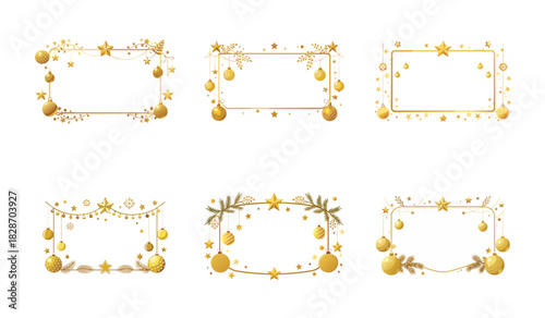 Set of Elegant Golden Frames with Christmas Ornaments for Festive Greetings