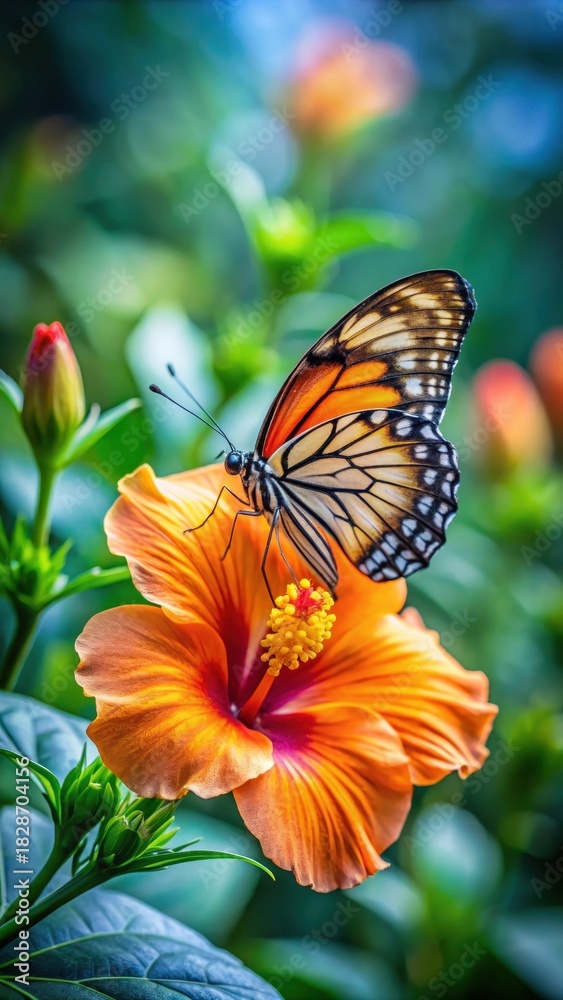 Obraz premium A delicate butterfly with iridescent wings rests on a bright orange hibiscus flower surrounded by lush greenery