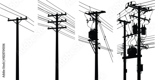 Electric utility pole silhouette set, high voltage power lines, transformers and wires, black vector infrastructure illustration isolated on white background.