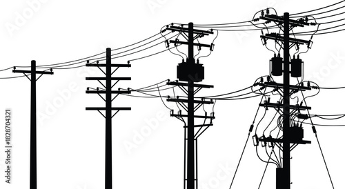 Electric utility pole silhouette set, high voltage power lines, transformers and wires, black vector infrastructure illustration isolated on white.