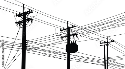 Electric utility pole silhouette, chaotic power lines and transformer, black vector urban infrastructure illustration isolated on white background.