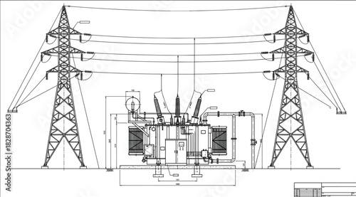 Electrical substation schematic, high voltage power transformer blueprint, transmission tower line art, industrial engineering vector drawing with dimensions.