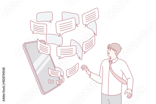 Man overwhelmed with email notification emails and messages on cellphone. Anxious male bothered with spam on smartphone. Flat vector illustration.