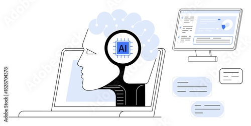 Human brain integrated with AI chip inside a laptop, analyzing data on screens and digital notes. Ideal for technology, AI, innovation, machine learning, data science, automation, and human-computer