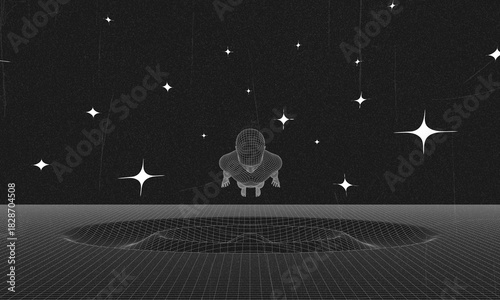 Human being or individuality or personality psychologic concept with abstract human body silhouette surrounded golden rays on black background. A man stands at the edge of a black hole