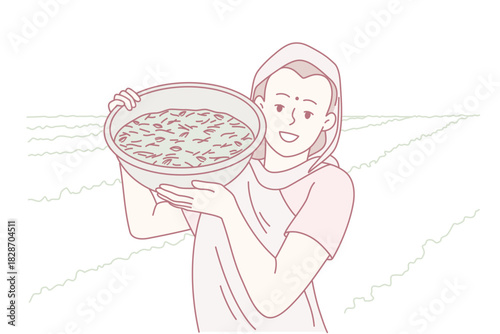 woman holding basket of harvest on shoreline fields, coastal agricultural scene with sea breeze and manual