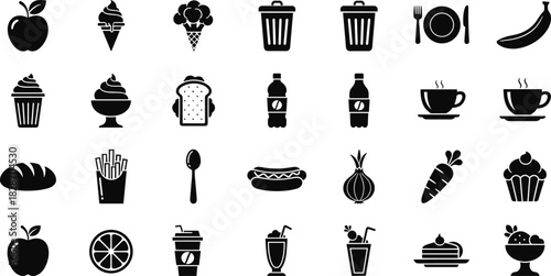 Food and drink icon set, black silhouettes including fruit, vegetables, fast food, coffee, ice cream, trash bin symbols.