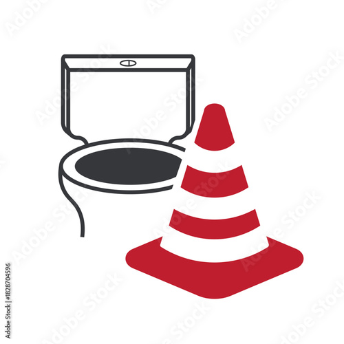 Isolated icon toilet or restroom and red cone, showing bathroom temporary out of order or service warning.
