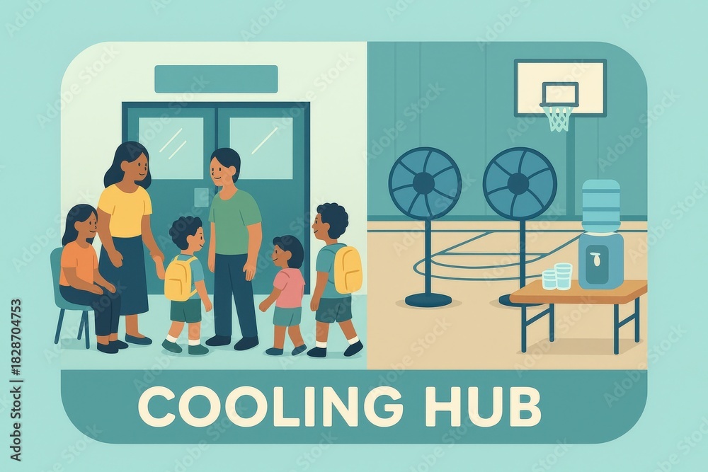 Naklejka premium Community cooling hub featuring families seeking respite from heat with water cooler and fans in a welcoming school environment emphasizing social interaction and support