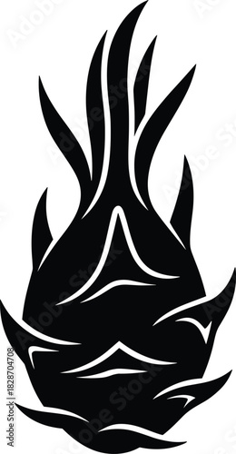 Stylized black silhouette of a dragon fruit with spiky green scales and crown