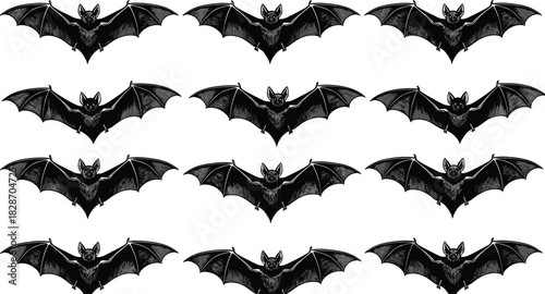 Black Flying Bats Pattern Set Isolated on White Background, Detailed Engraving Style Vector Illustration for Halloween Design, Spooky Invitations, or Gothic Decorations.