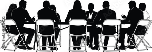 Group of Business People Silhouettes Sitting Around a Table in Meeting, Rear View Vector Illustration Isolated on White Background for Conference and Discussion Concepts.