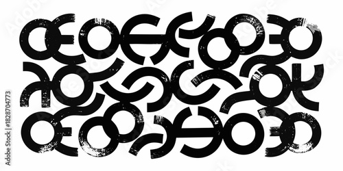 Abstract black and white geometric pattern with distressed texture and circular shapes