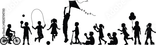 Group of Children Playing Outdoor Games Silhouettes Set, Including Kite, Bike, Jump Rope, and Scooter, Vector Isolated on White Background for Active Childhood Concepts.