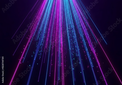 A striking digital abstract artwork showcasing vertical cascading lines in neon pink, electric blue, and vibrant purple. Scattered dots enhance the energy flow. The deep indigo background makes the ne