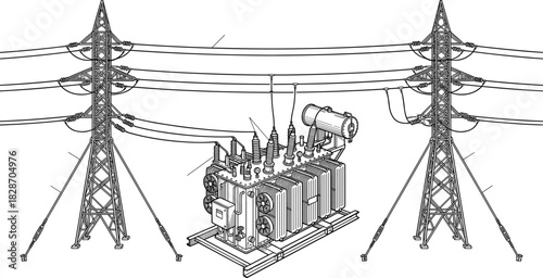 High voltage power transformer with transmission towers, electrical substation equipment sketch, black line art vector illustration isolated on white.