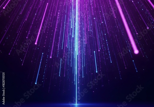 A dynamic digital abstract design featuring vertical neon lines and scattered dots in vibrant purple, electric blue, and neon pink. The lines and dots cascade downward, creating movement and energy. T