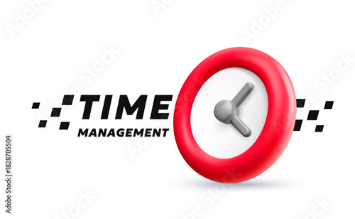 Vector realistic illustration of red round wall watch with face and timer. Success time management of hour with text space. 3d template style modern design of business alarm clock icon with arrow