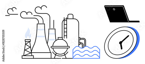 Factory with smoke stacks, refinery, and flowing water, paired with a clock and laptop. Ideal for productivity, efficiency, time management, industry, energy workflow and sustainability simple flat
